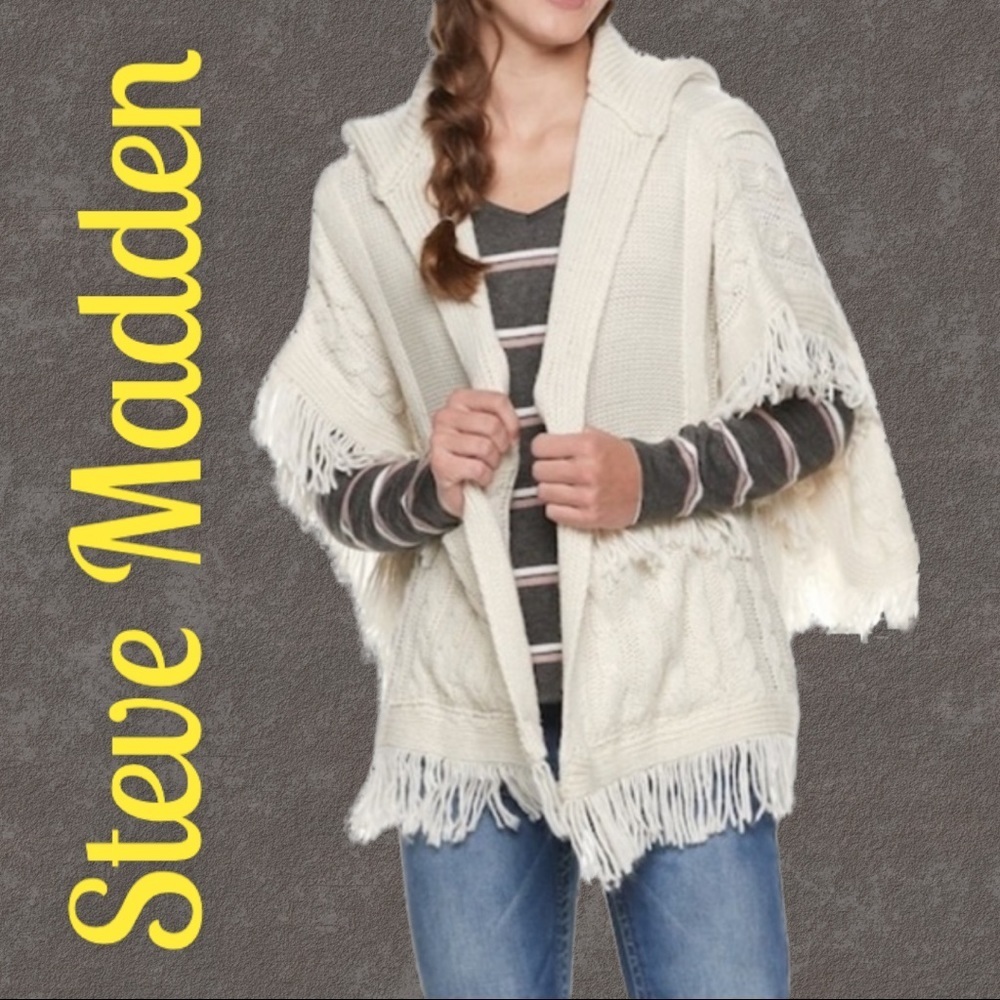Steve Madden Cream Fringe Knit Poncho Cardigan